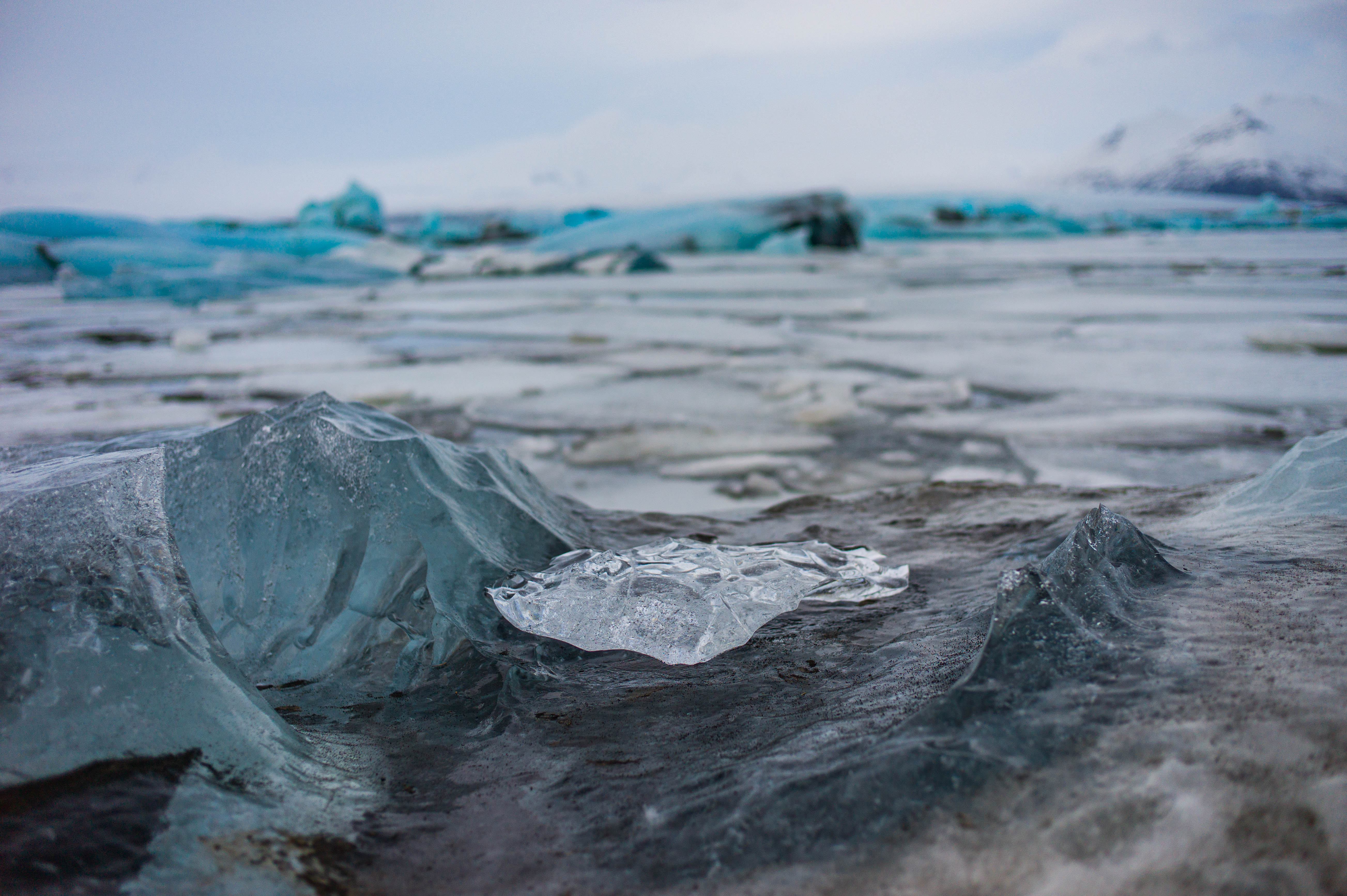 Close view of clear and blue ice fragments resting on dark frozen ground at the edge of Jökulsárlón, with blurred icebergs and mountains in the distance.