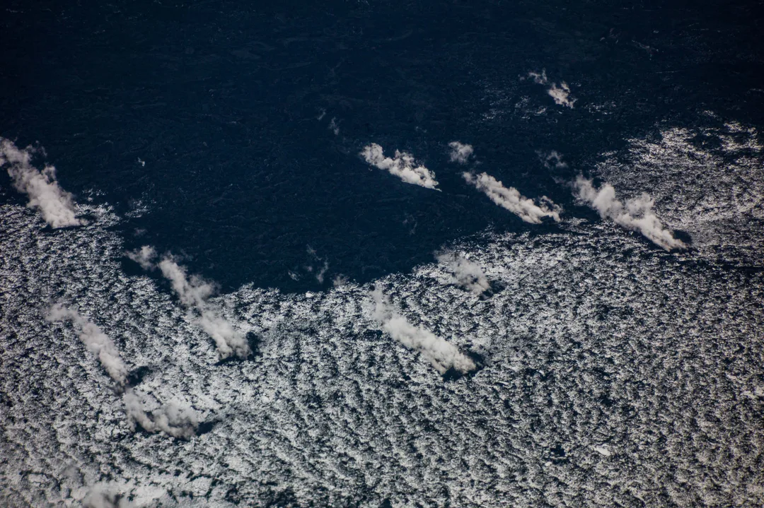 Aerial view of a dark lava field with pale plumes rising from several areas of the crusted volcanic surface.